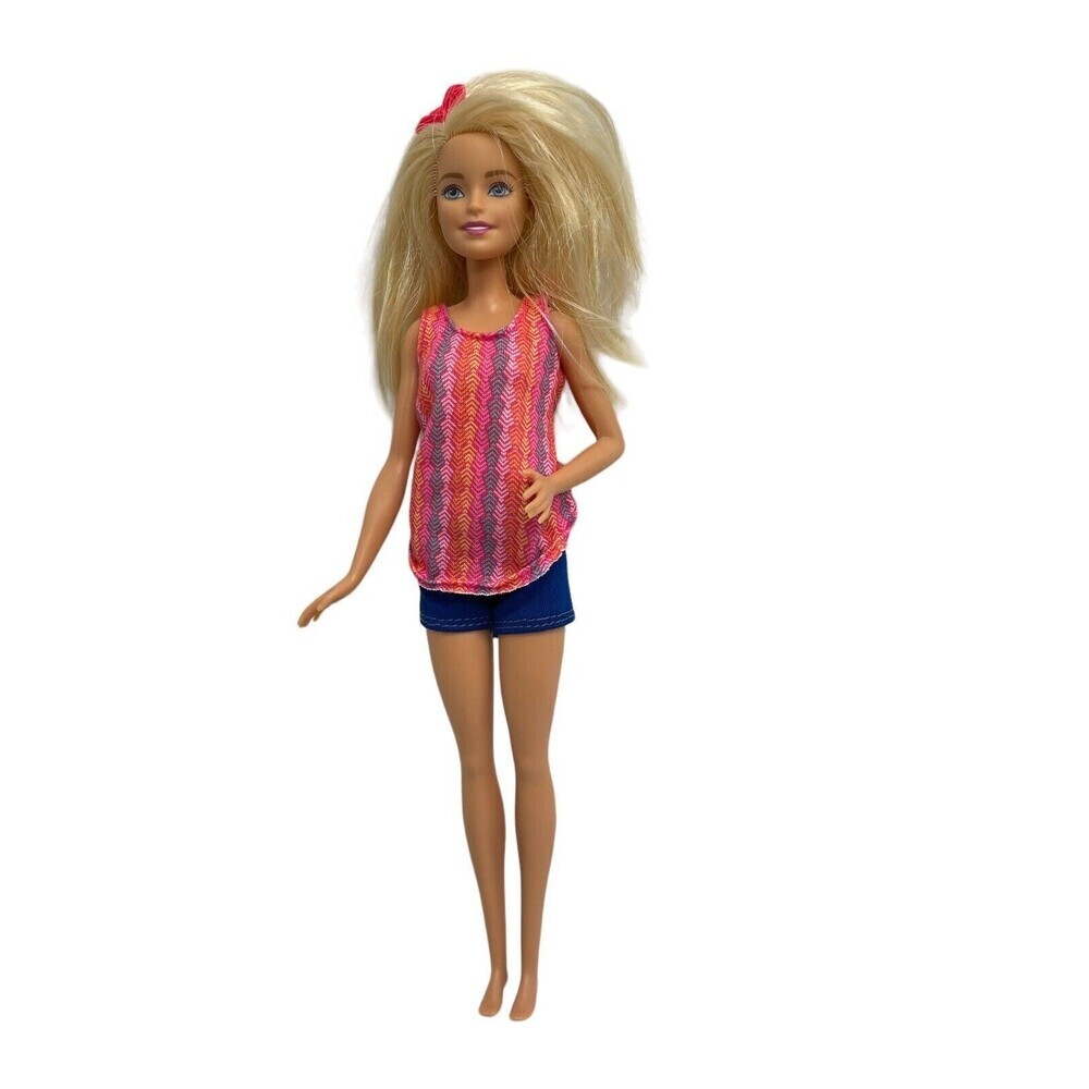 barbie camping fun doll only with clothes Pink Tank Blue Shorts 11”